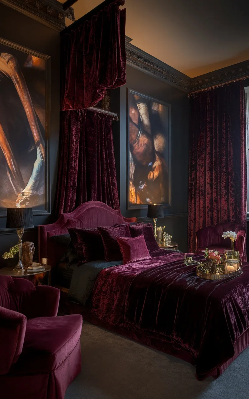 A dark romantic bedroom featuring bold artwork, plush burgundy bedding, and elegant decor.