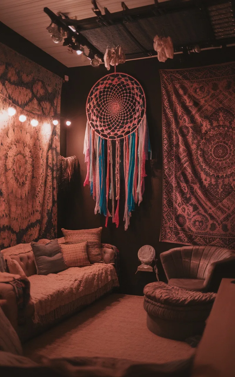 A cozy dark boho living room featuring a colorful dreamcatcher and patterned tapestries on the walls.