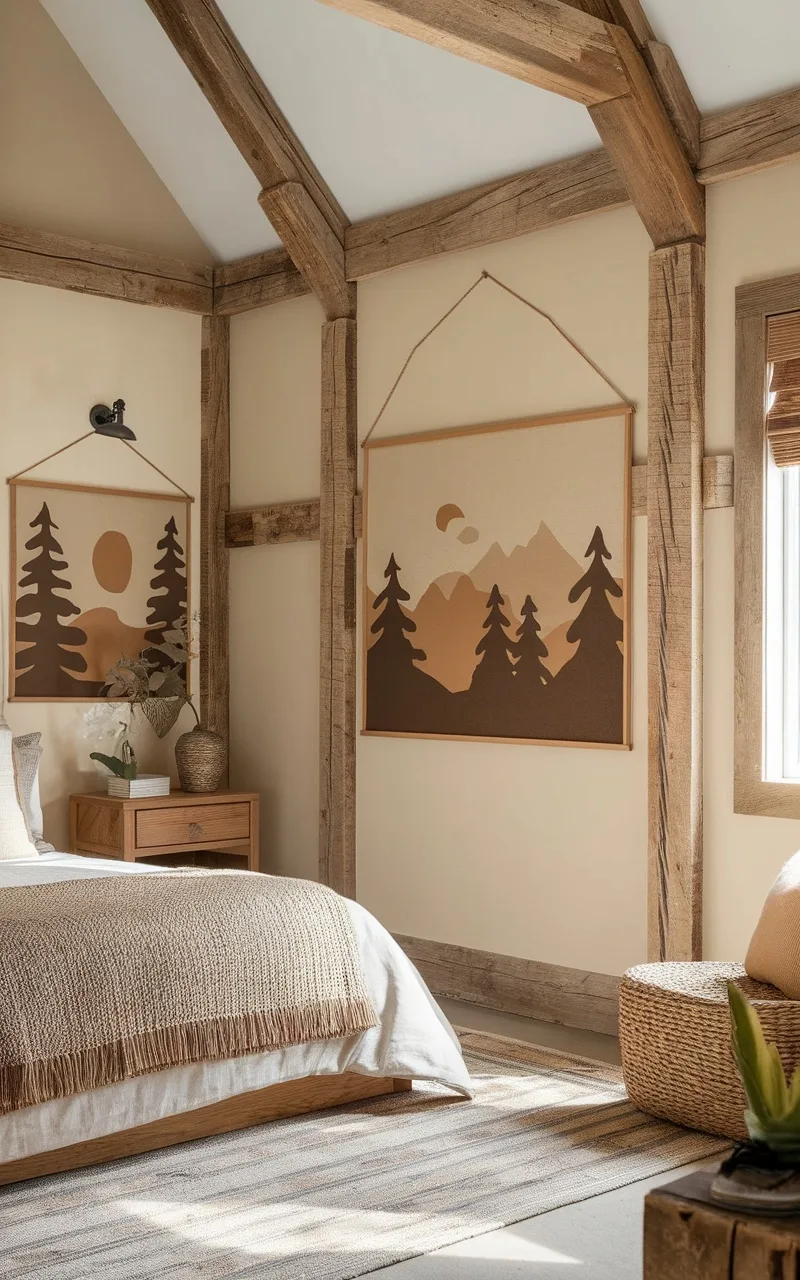 Cozy farmhouse bedroom with nature-themed artwork on the walls