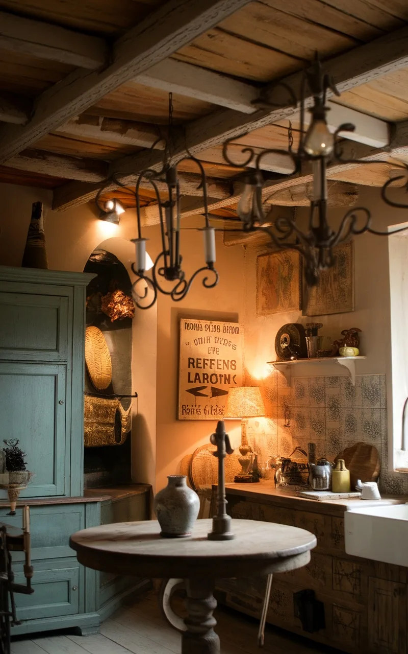 Wrought iron chandelier hanging in a rustic French country kitchen with wooden beams and cozy decor.