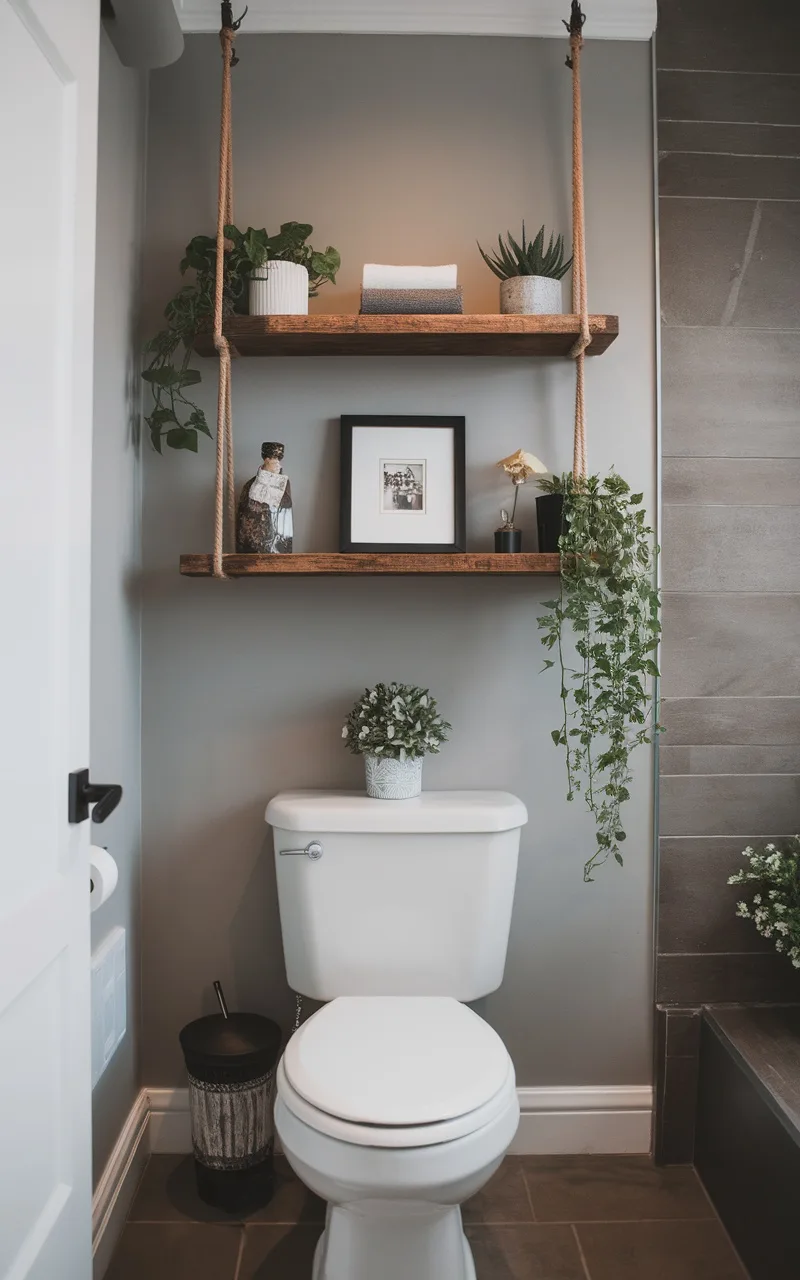 A bathroom with a hanging rope shelf above the toilet, featuring plants and decorative items.
