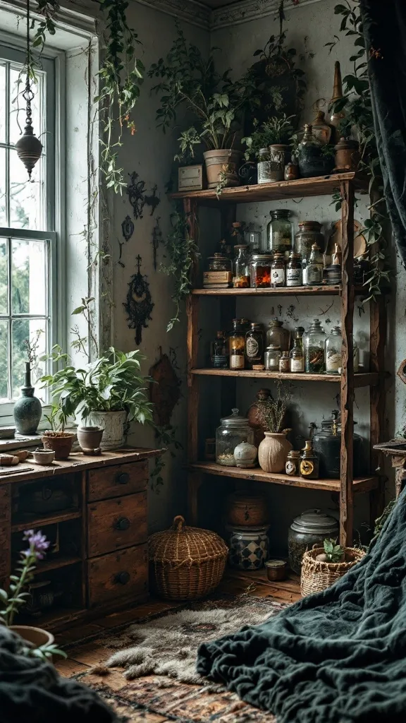 A rustic shelf filled with jars of herbs and plants, alongside wooden furniture and decorative items.