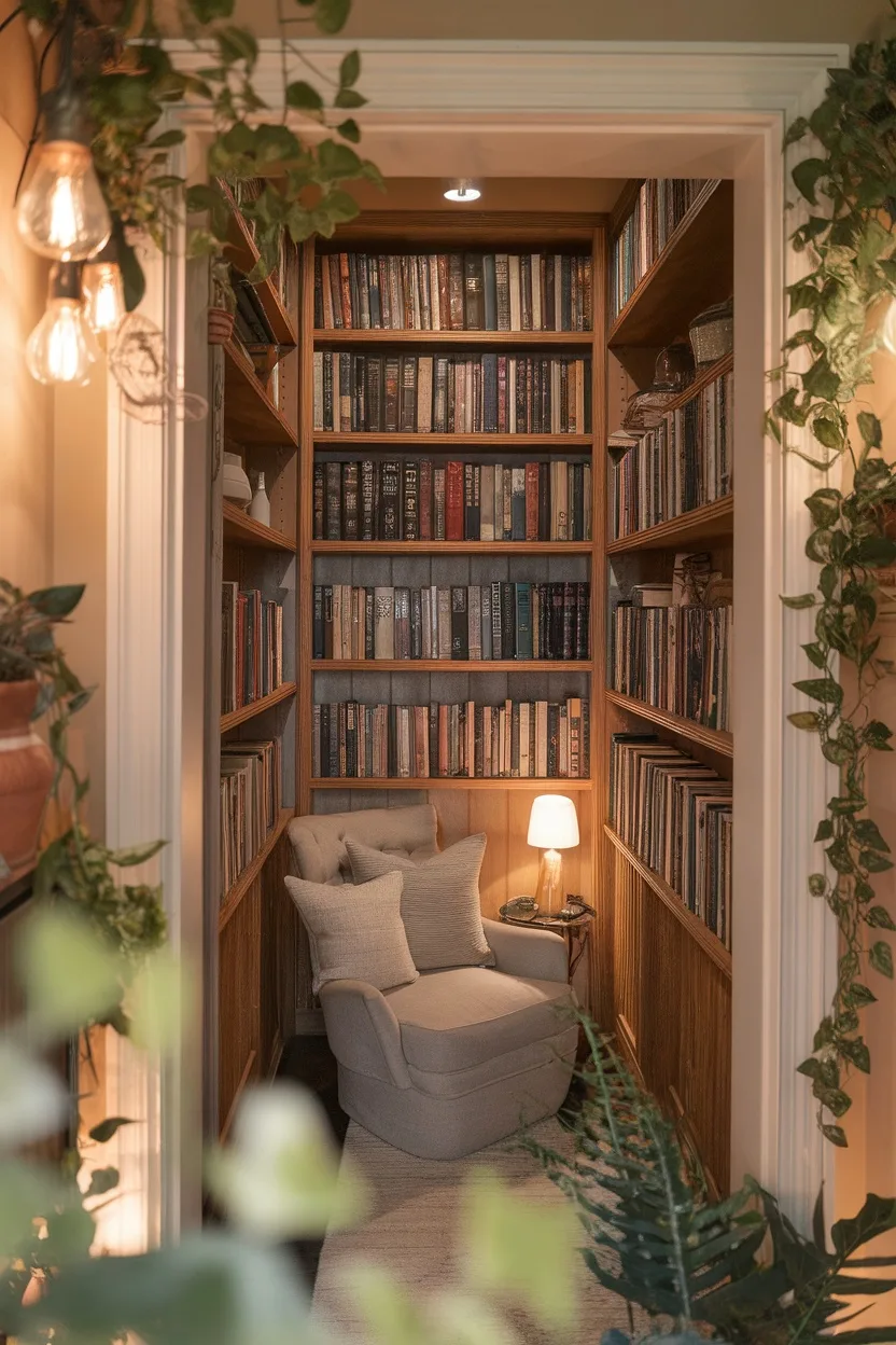 Cozy hidden closet library with bookshelves, a reading chair, and plants.