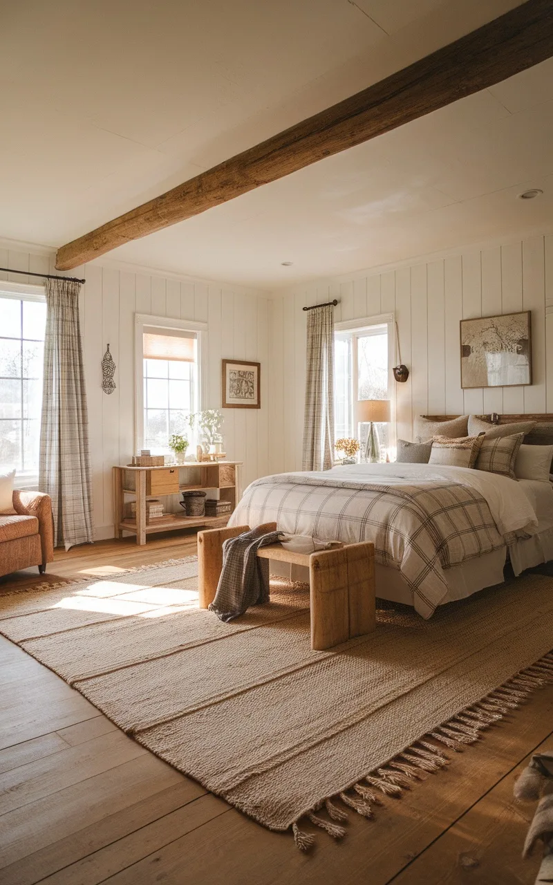 A rustic farmhouse bedroom featuring a cozy bed, wooden furniture, and a textured rug