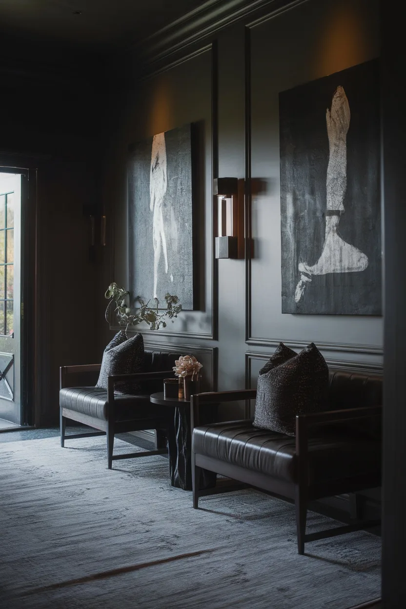 Dark and moody entryway with abstract art pieces on the wall, leather chairs, and soft lighting.