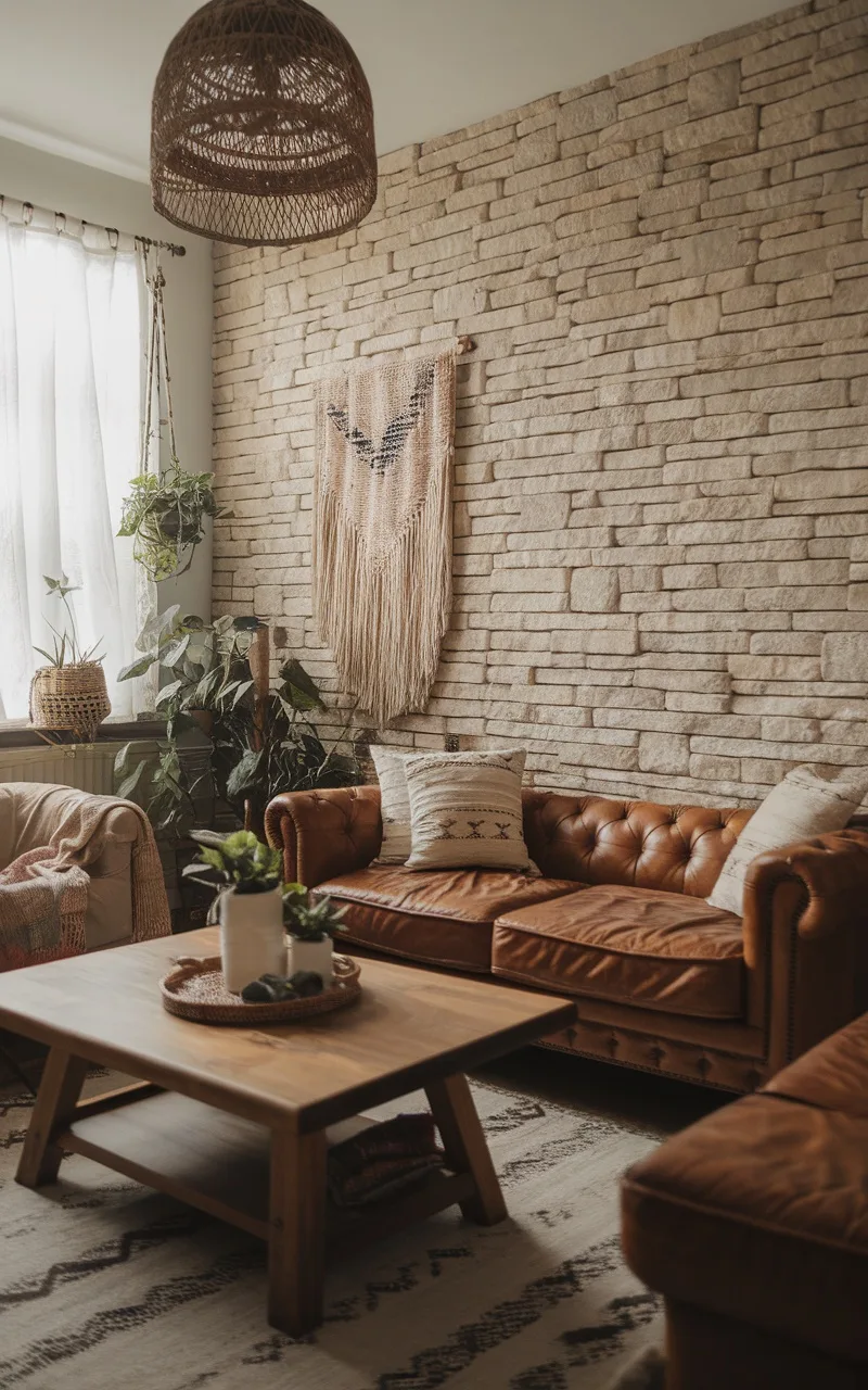 A dark boho living room featuring a leather sofa, stone wall, wooden coffee table, and a cozy rug.