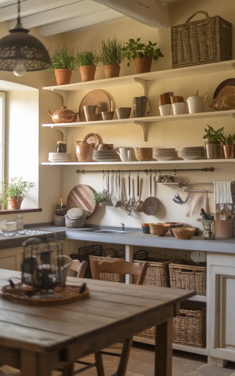 A cozy French country kitchen featuring open shelves filled with kitchenware and plants