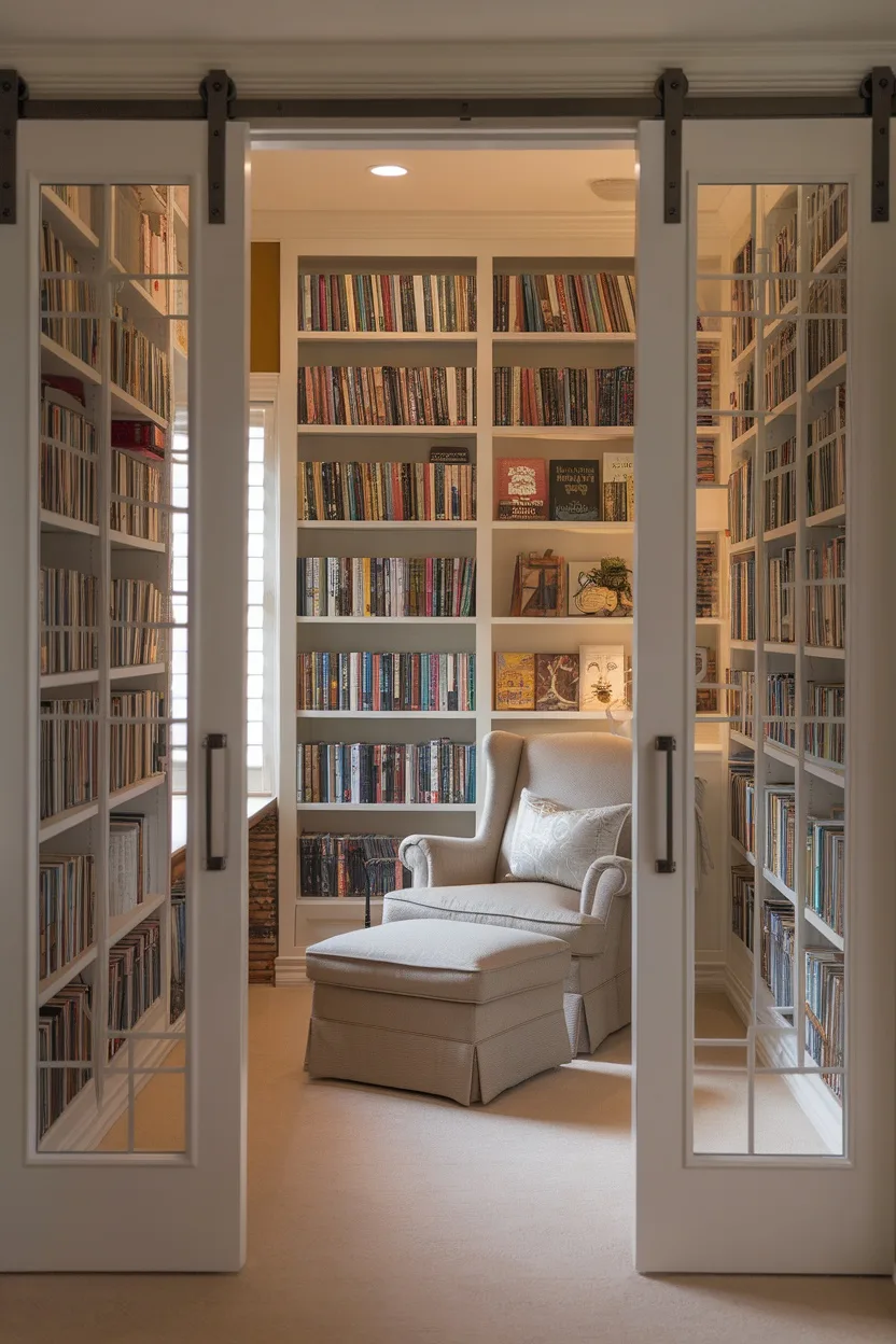 A small home library with sliding doors revealing bookshelves and a cozy chair.