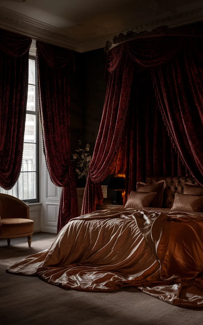 A dark romantic bedroom featuring velvet curtains and silk bedding, creating a warm and inviting atmosphere.