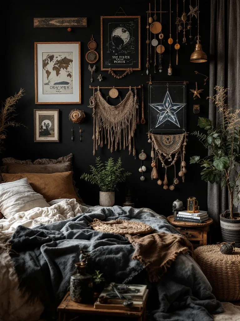 A dark boho bedroom featuring a cozy bed, decorative wall art, macramé, and plants.