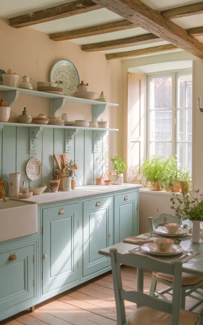 A cozy kitchen featuring soft pastel blue cabinets and wooden beams, with potted plants and vintage dishware.