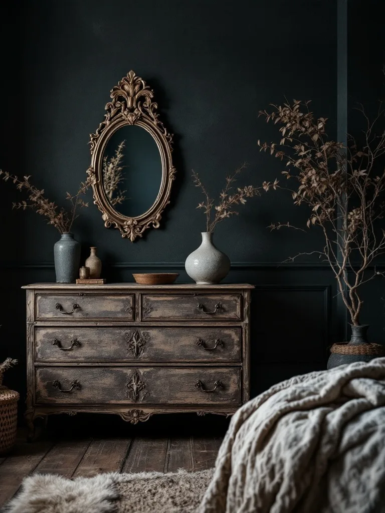 Vintage dresser with ornate mirror and neutral vases in a dark boho bedroom.