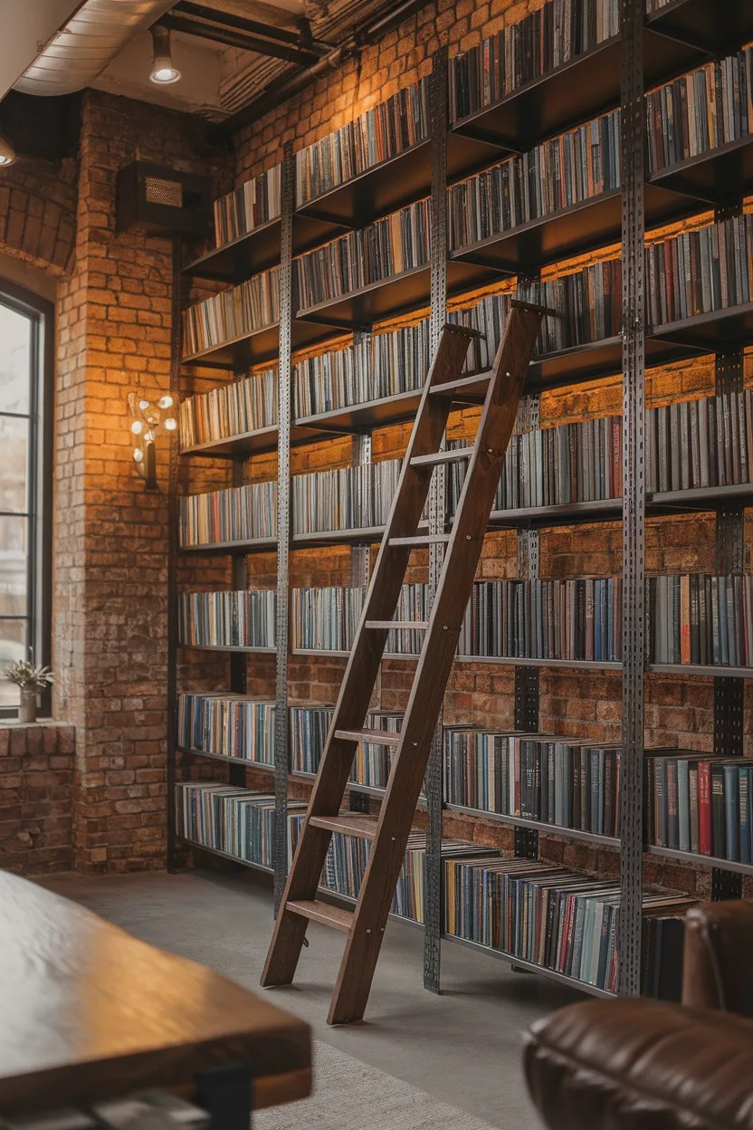 Industrial-style home library featuring a wooden ladder and metal shelves filled with books, against a brick wall.