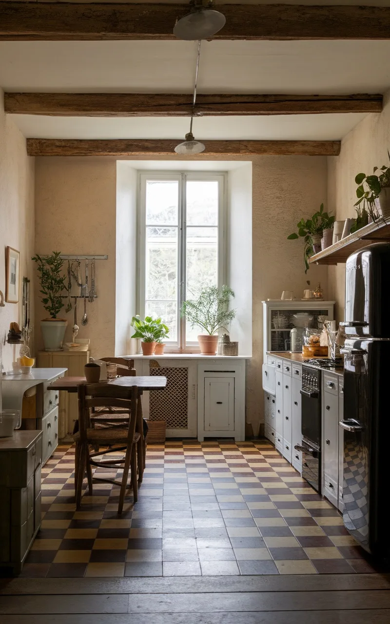 A cozy French country kitchen featuring checkboard flooring in warm colors with wooden furniture and natural light.