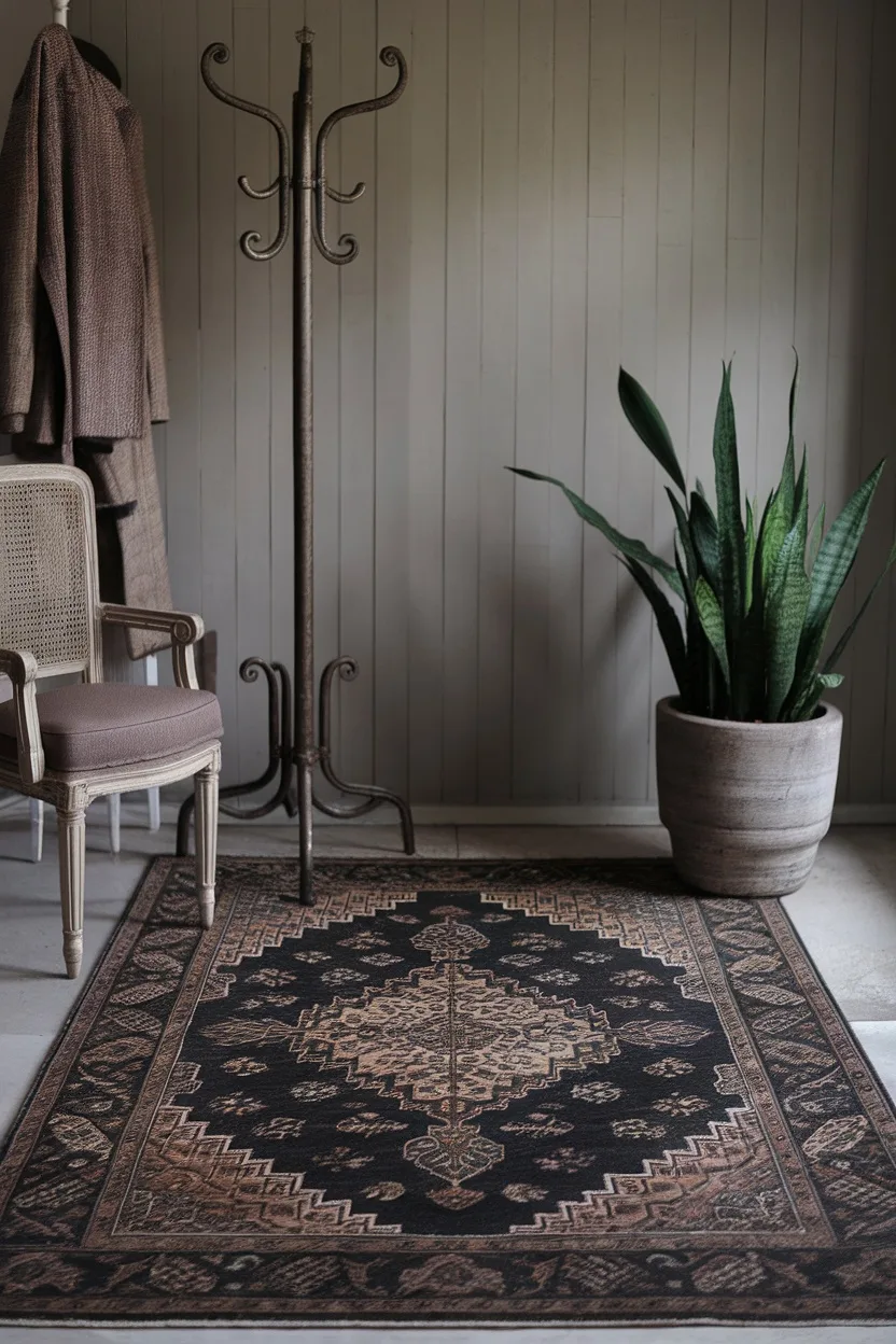 A dark patterned rug in an entryway with a coat rack, chair, and plant.