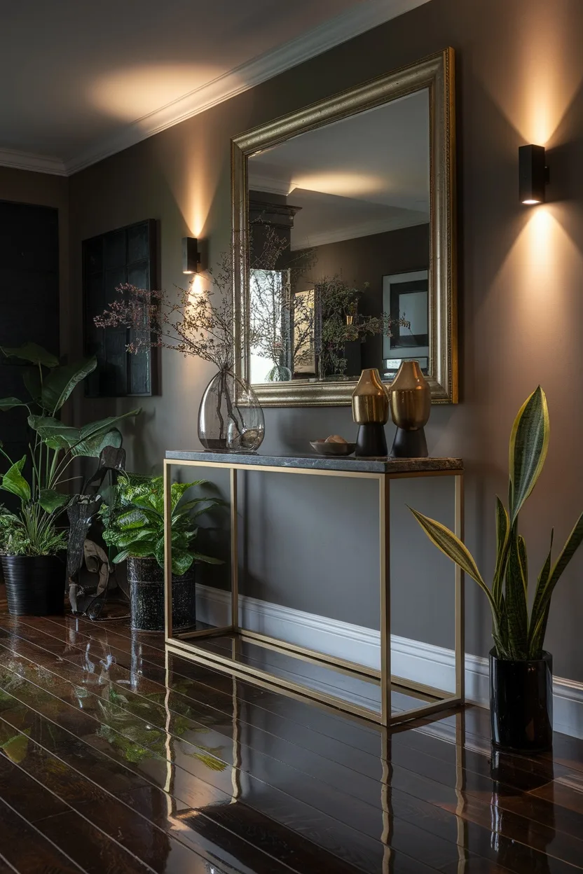 Dark hardwood flooring in a stylish home entryway with plants and a mirror