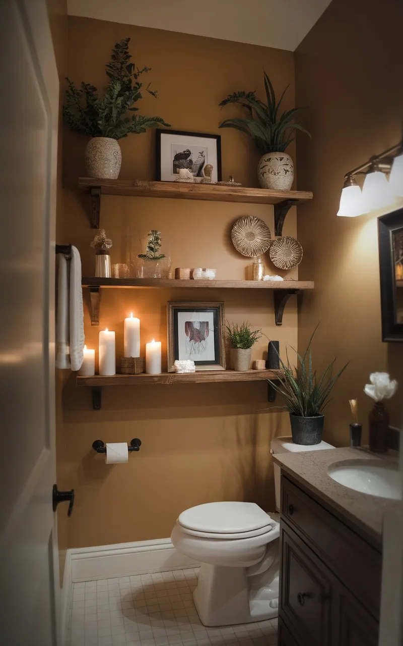 A bathroom featuring a long wooden shelf above the toilet, decorated with plants, candles, and framed art.