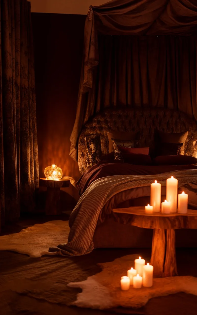 A dark romantic bedroom with candles and warm lighting.