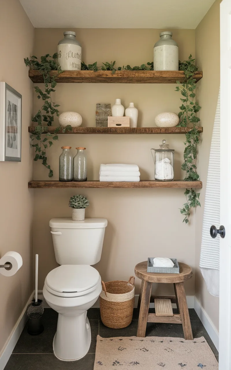 Farmhouse shelves above a toilet featuring decorative items and greenery.
