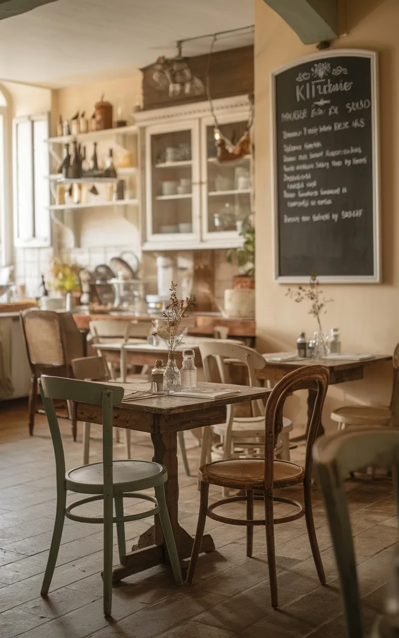 Cozy French bistro-style dining area with rustic tables and mismatched chairs
