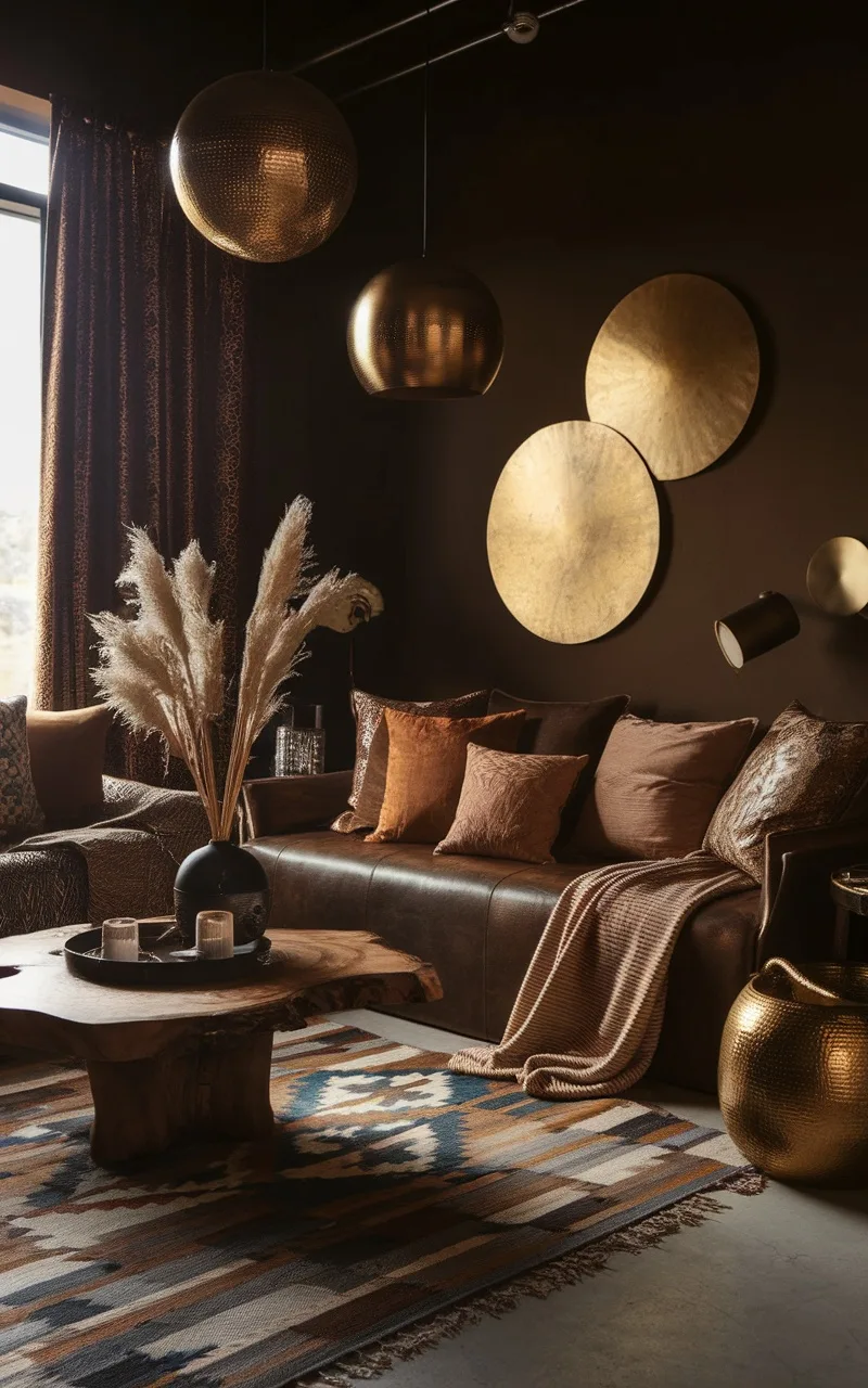 A dark boho living room featuring metallic accents, warm textiles, and a wooden coffee table, creating a cozy and inviting atmosphere.