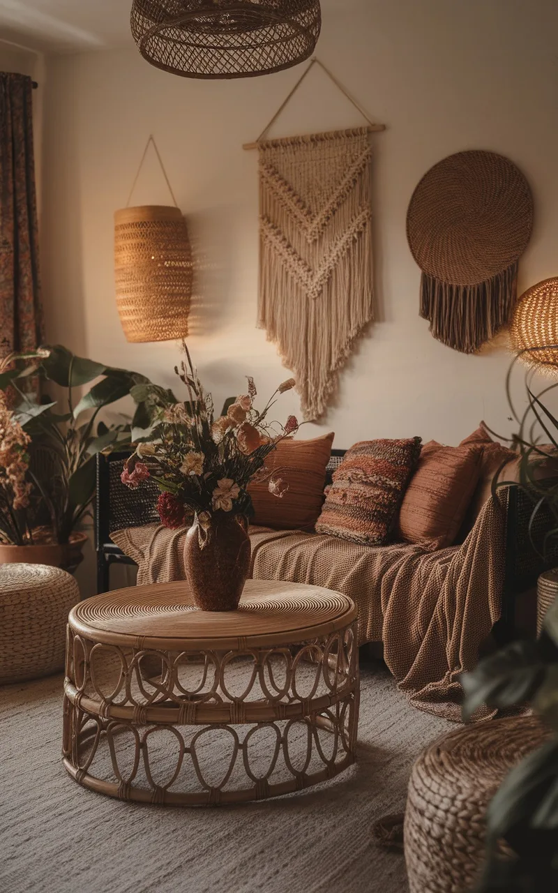 A cozy dark boho living room featuring woven and rattan accents, including a rattan coffee table, wall decor, and plants.