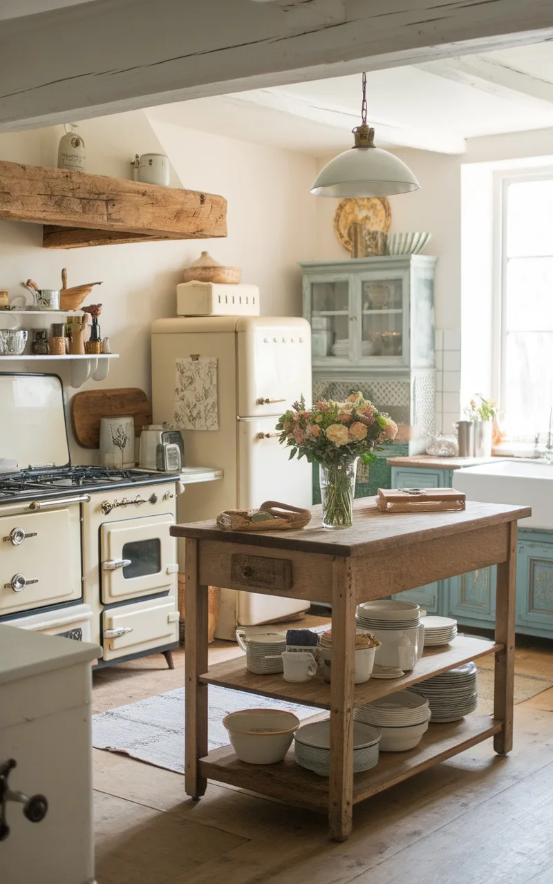 A cozy French country kitchen featuring a wooden island, vintage appliances, and rustic charm.