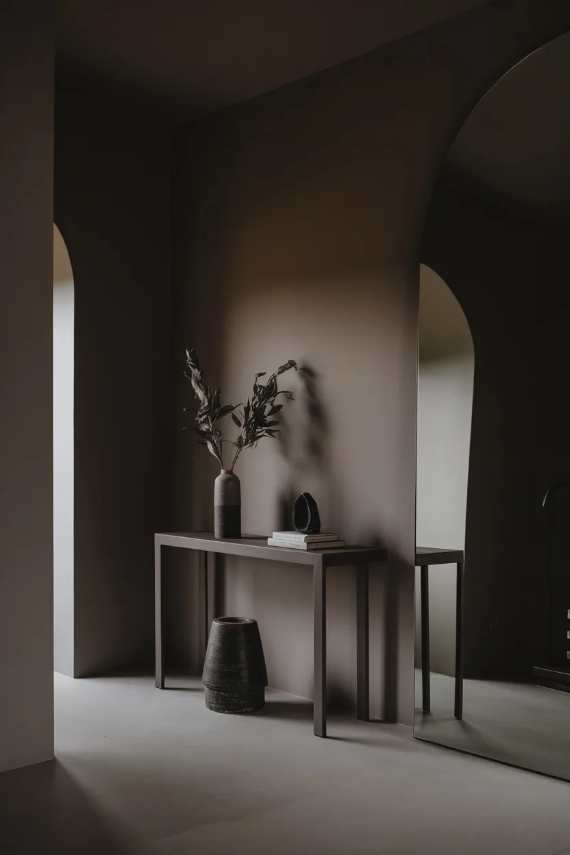 A minimal dark and moody entryway featuring a sleek console table, a vase with greenery, and a mirror.