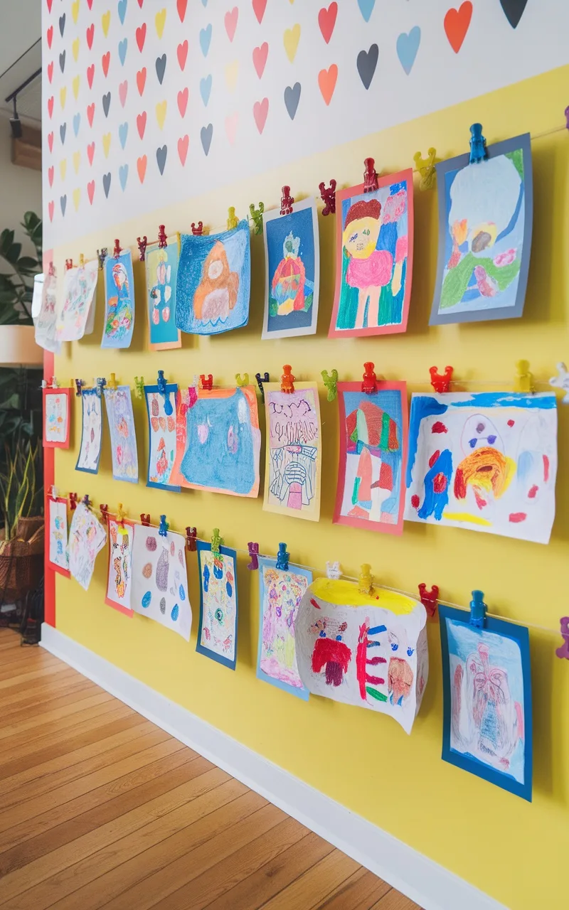 Colorful kids' artwork displayed on a yellow wall with clips.