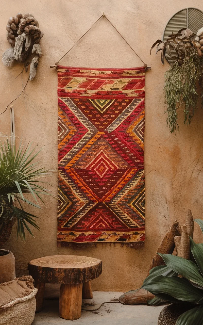 A vibrant Kuba textile hanging on a wall, surrounded by natural decor elements like plants and wooden furniture.