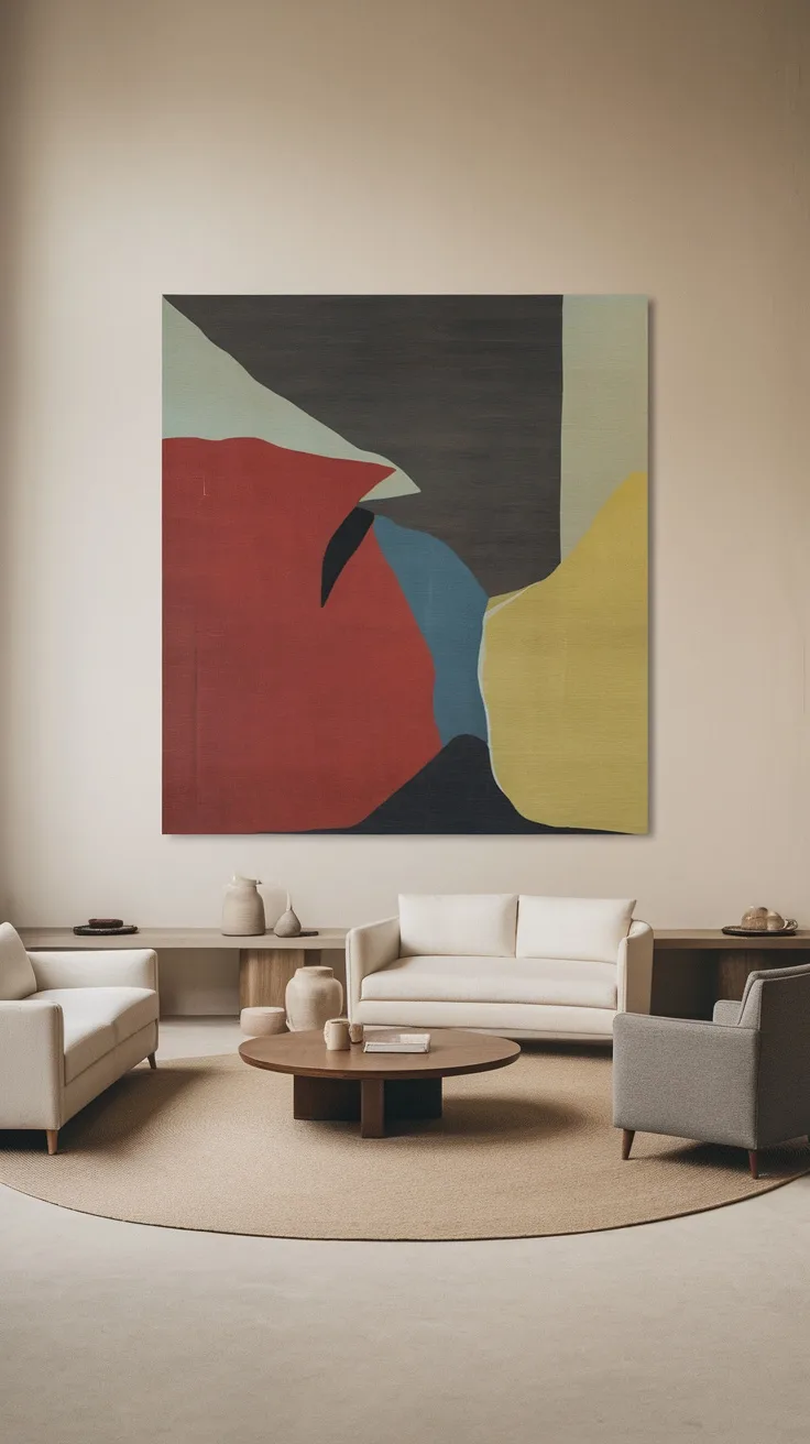 A minimalist living room featuring large-scale abstract art in vibrant colors.