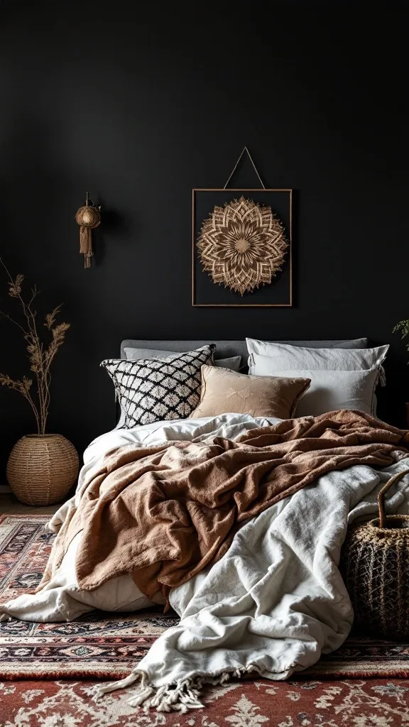 A cozy dark boho bedroom featuring layered textiles, including brown and cream blankets, various patterned pillows, and natural decor elements.