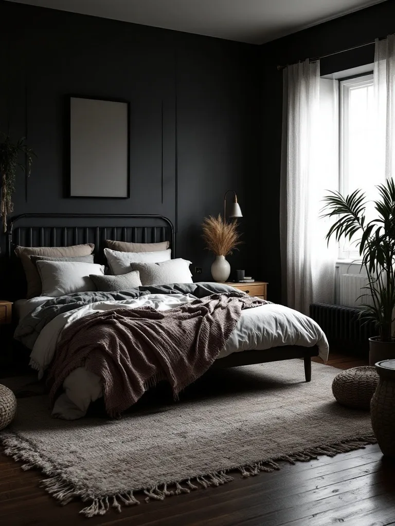 A dark boho bedroom featuring layered rugs, a cozy bed with a throw blanket, and plants.