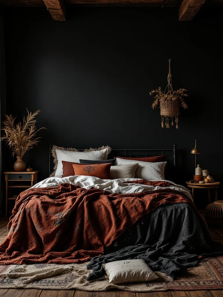 A dark boho bedroom with layered textiles, featuring a bed with various blankets and pillows, a woven rug, and natural decor.
