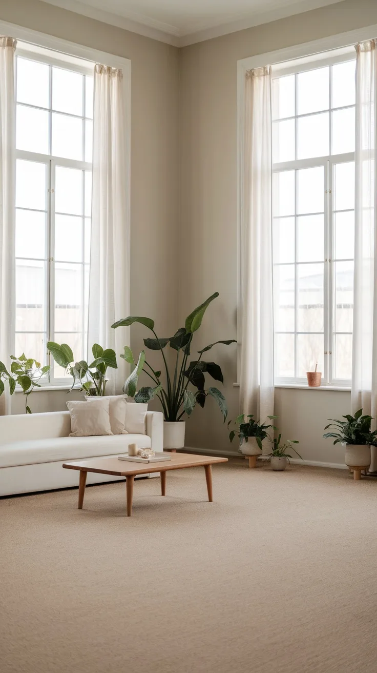 A bright and airy minimalist living room with large windows, soft curtains, and plants