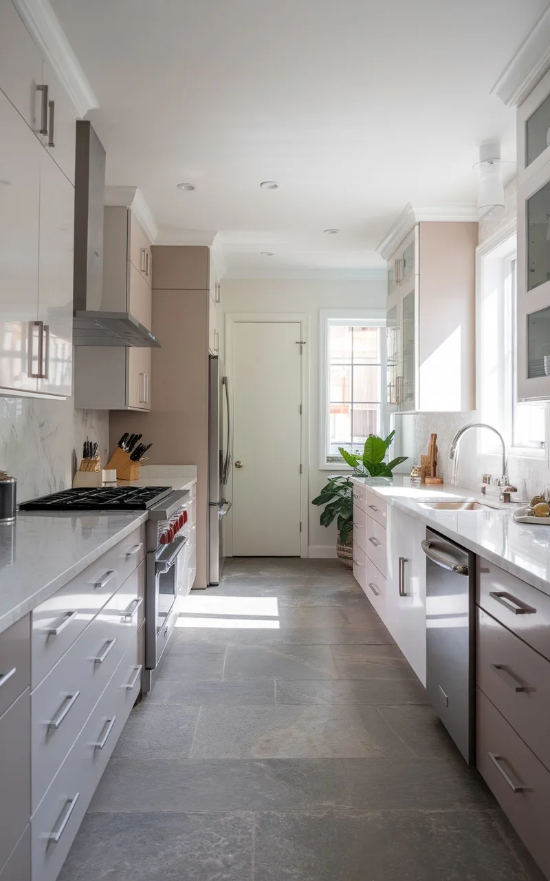 A modern kitchen featuring light gray and white cabinets, with a marble countertop and natural light lighting up the space.