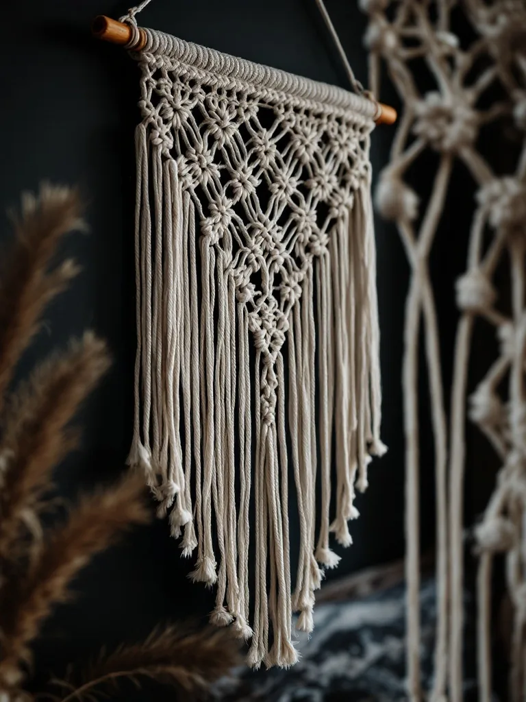 A beautiful macramé wall hanging with intricate patterns and fringes, hanging against a dark background