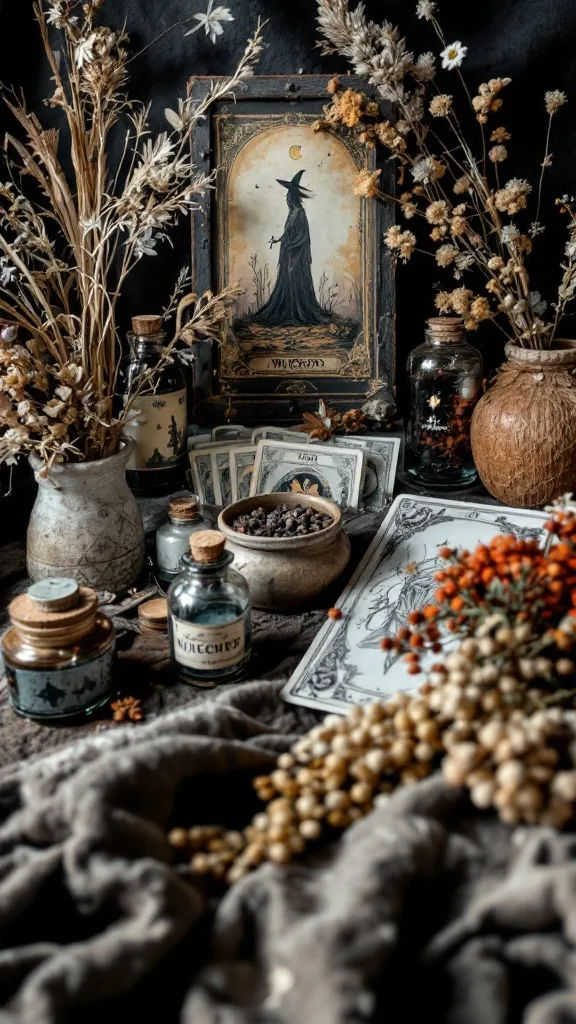 A witchy bedroom display with dried flowers, vintage jars, tarot cards, and mystical artwork.