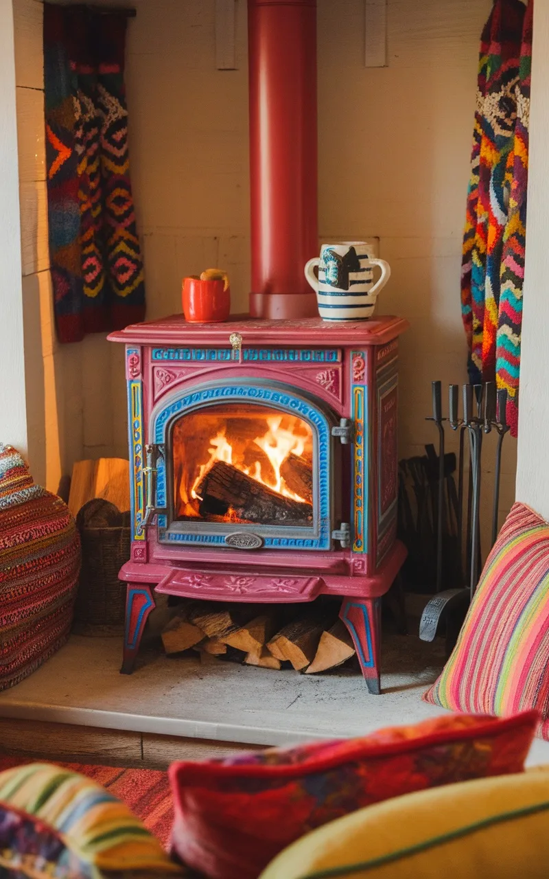 A colorful wood-burning stove with a pink and blue design, surrounded by vibrant cushions and decorative elements.
