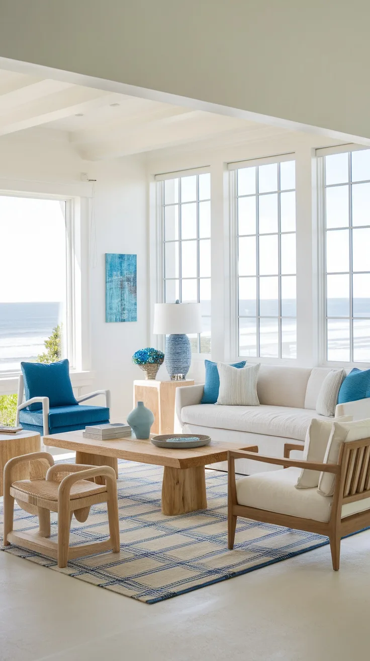 A minimalist coastal living room with light colors, large windows, and ocean view