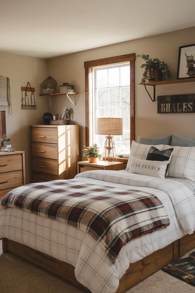 A cozy farmhouse style bedroom with a plaid blanket on the bed, wooden furniture, and natural light.