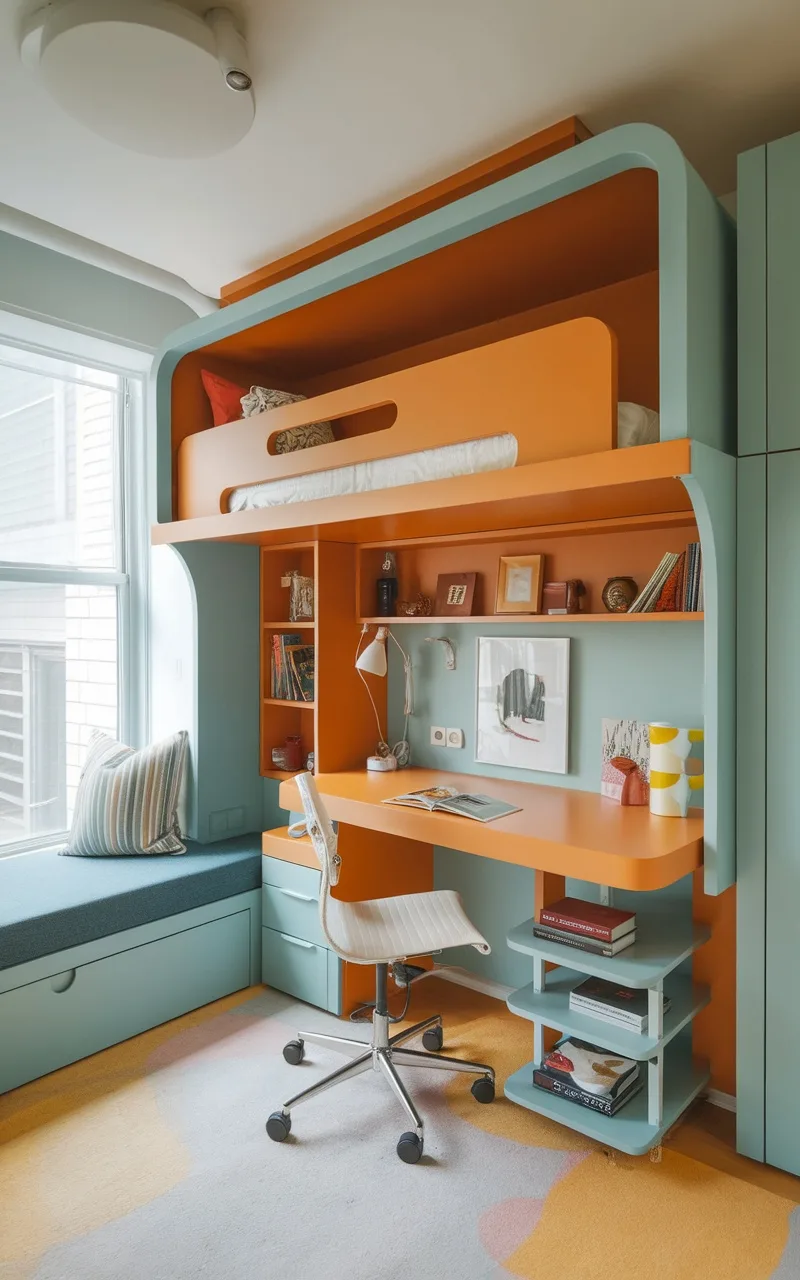 A multifunctional loft bed with a workspace and seating area designed for small spaces.