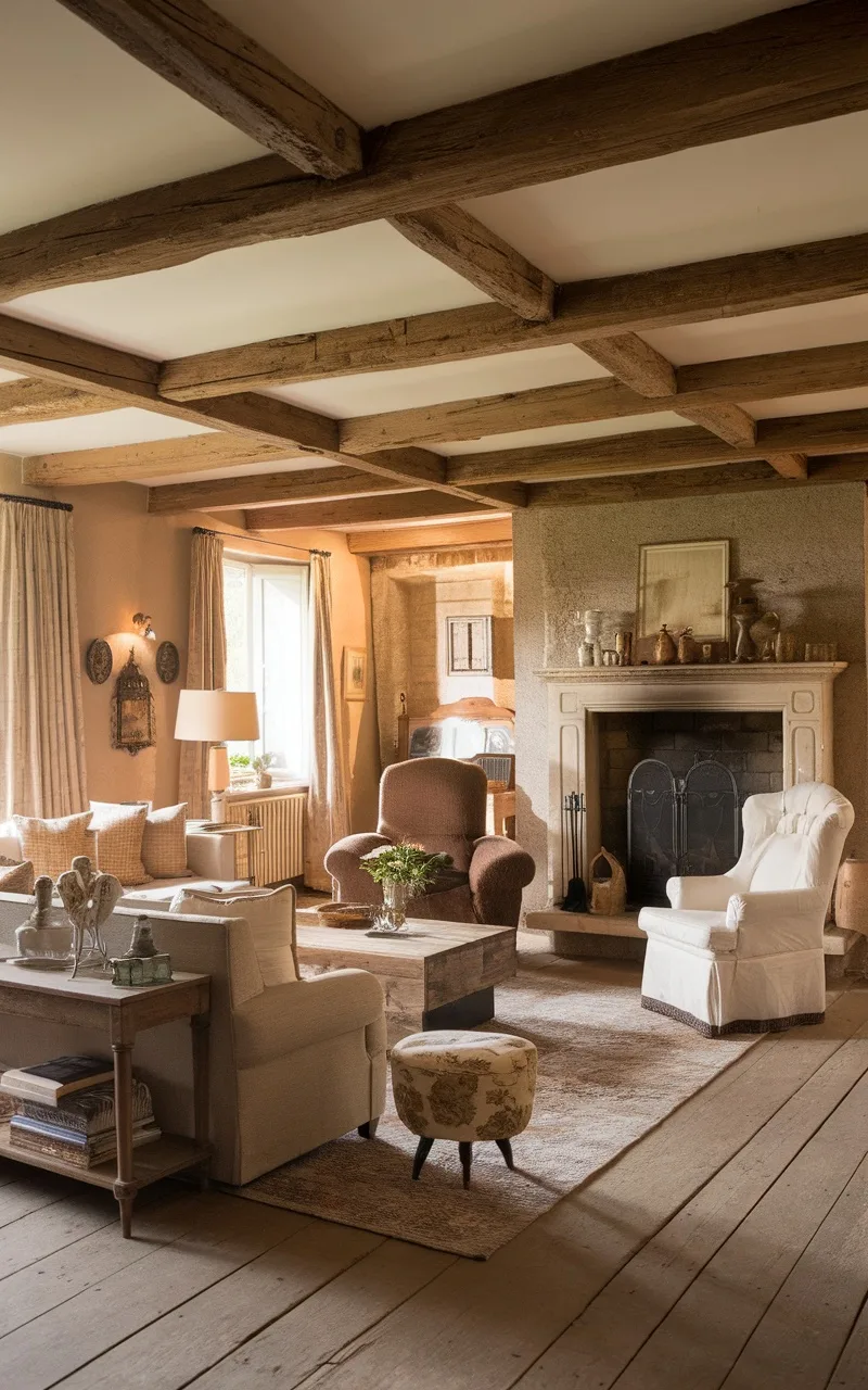 A rustic French country living room featuring exposed wooden beams, soft seating in neutral colors, and wooden furniture.