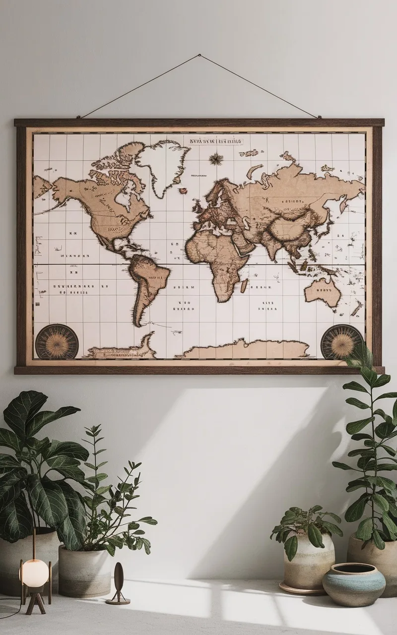 Vintage styled world map on a wall, surrounded by indoor plants