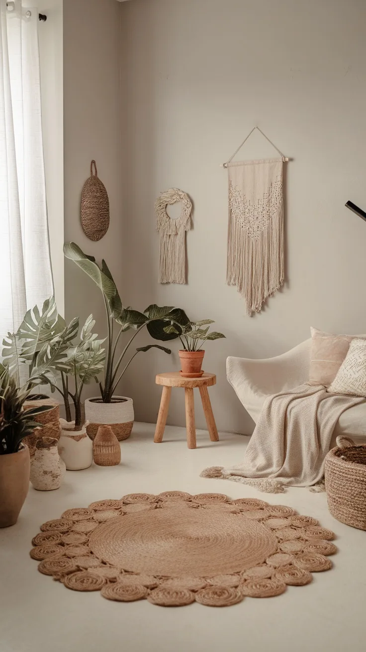 A minimalist boho style living room featuring plants, woven decor, and a cozy seating area.