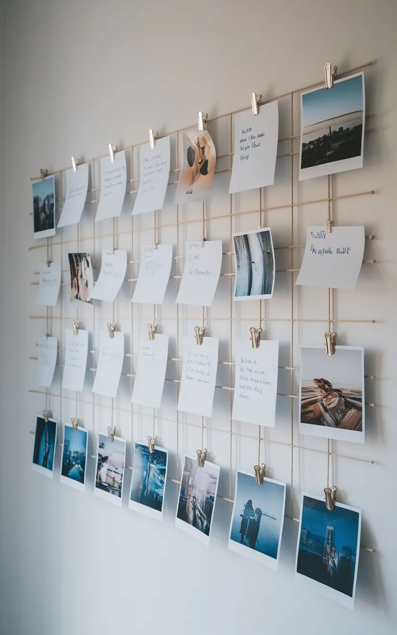 A minimalist wall grid displaying notes and photos with twine and clips.