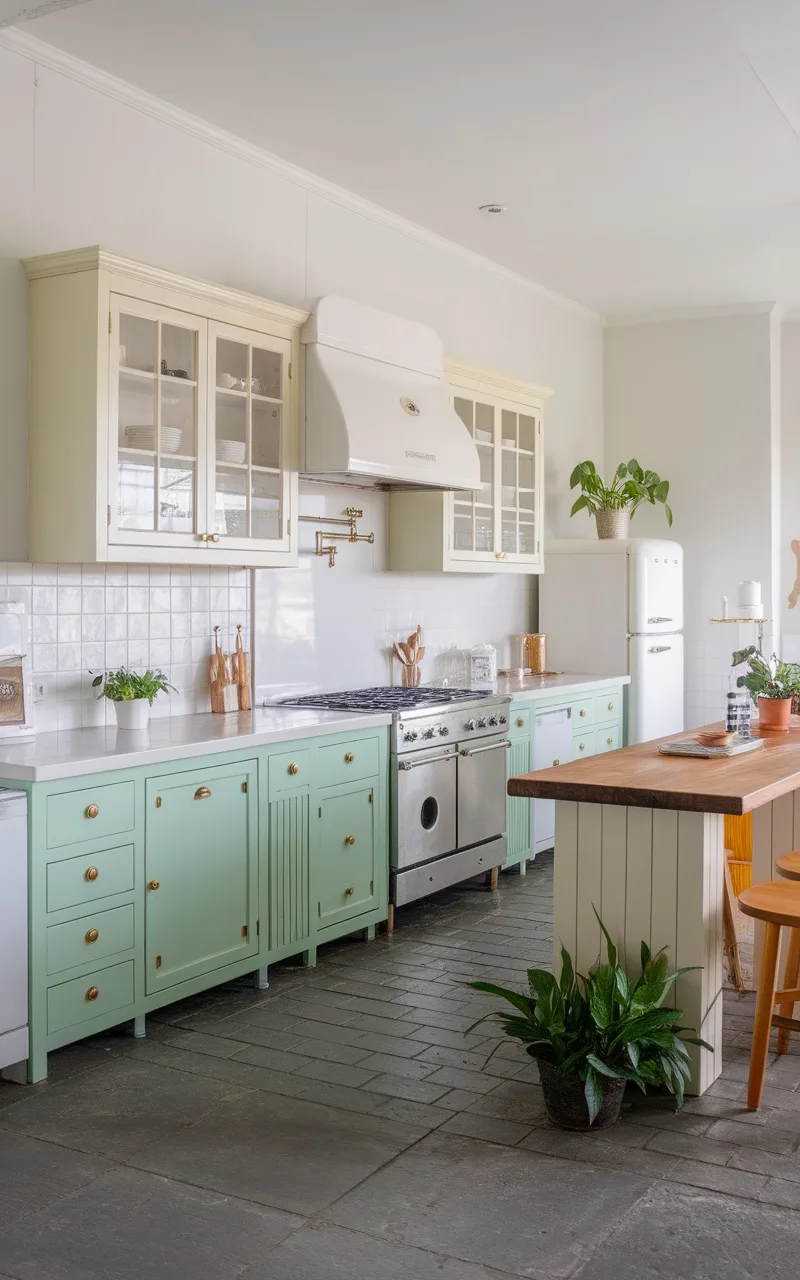 A kitchen with mint green and creamy white two-tone cabinets, black countertops, and a farmhouse sink.