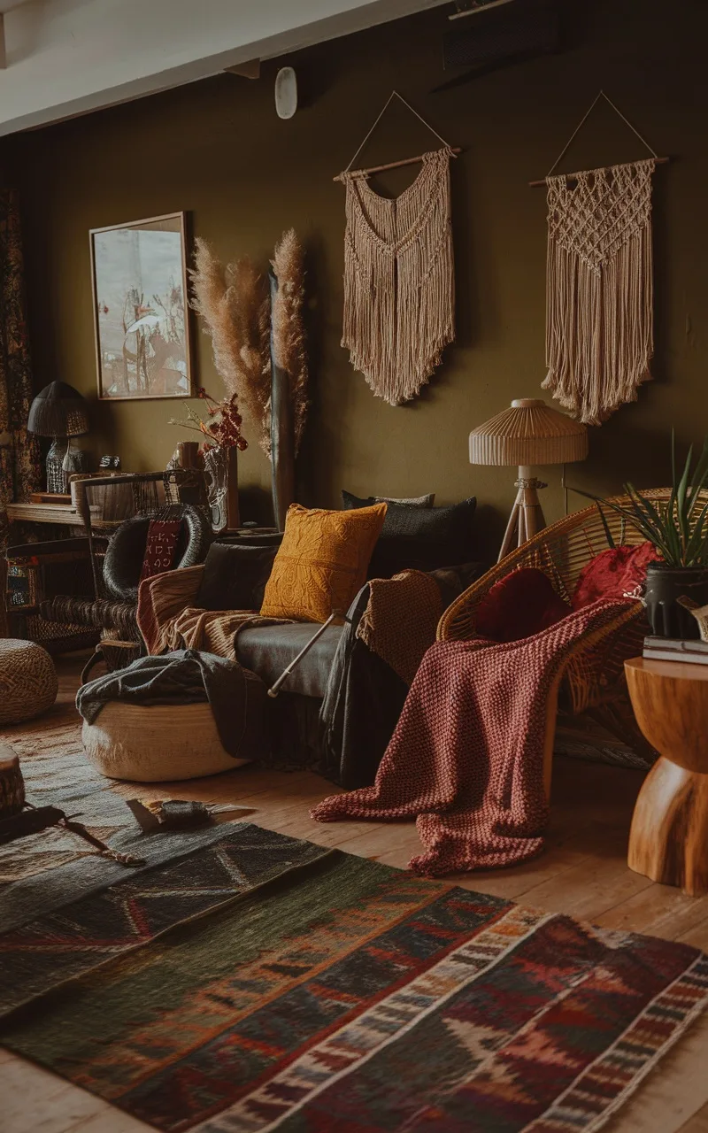 A dark boho living room featuring earthy tones and bold accents, with a green wall, layered rugs, and vibrant pillows.