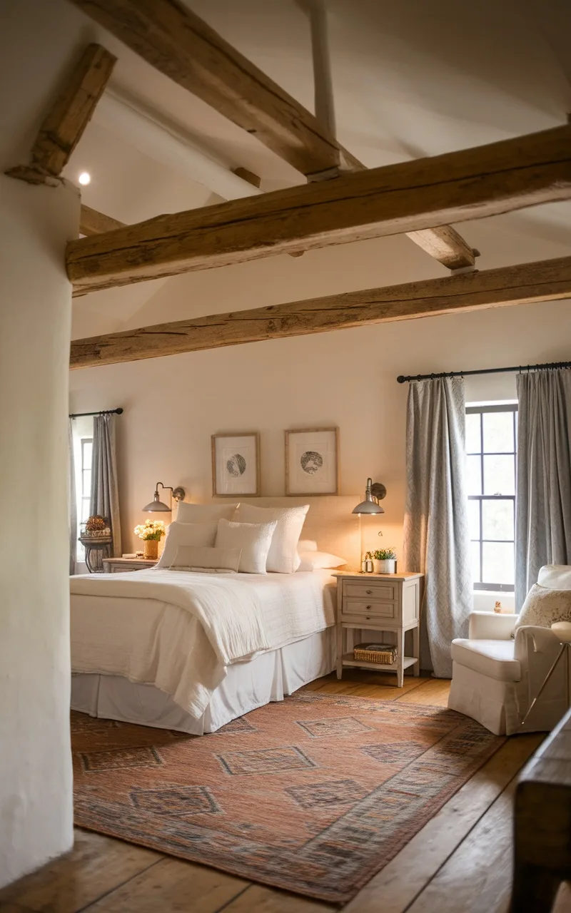 A cozy rustic farmhouse bedroom featuring natural wood beams, white linens, and a warm rug.