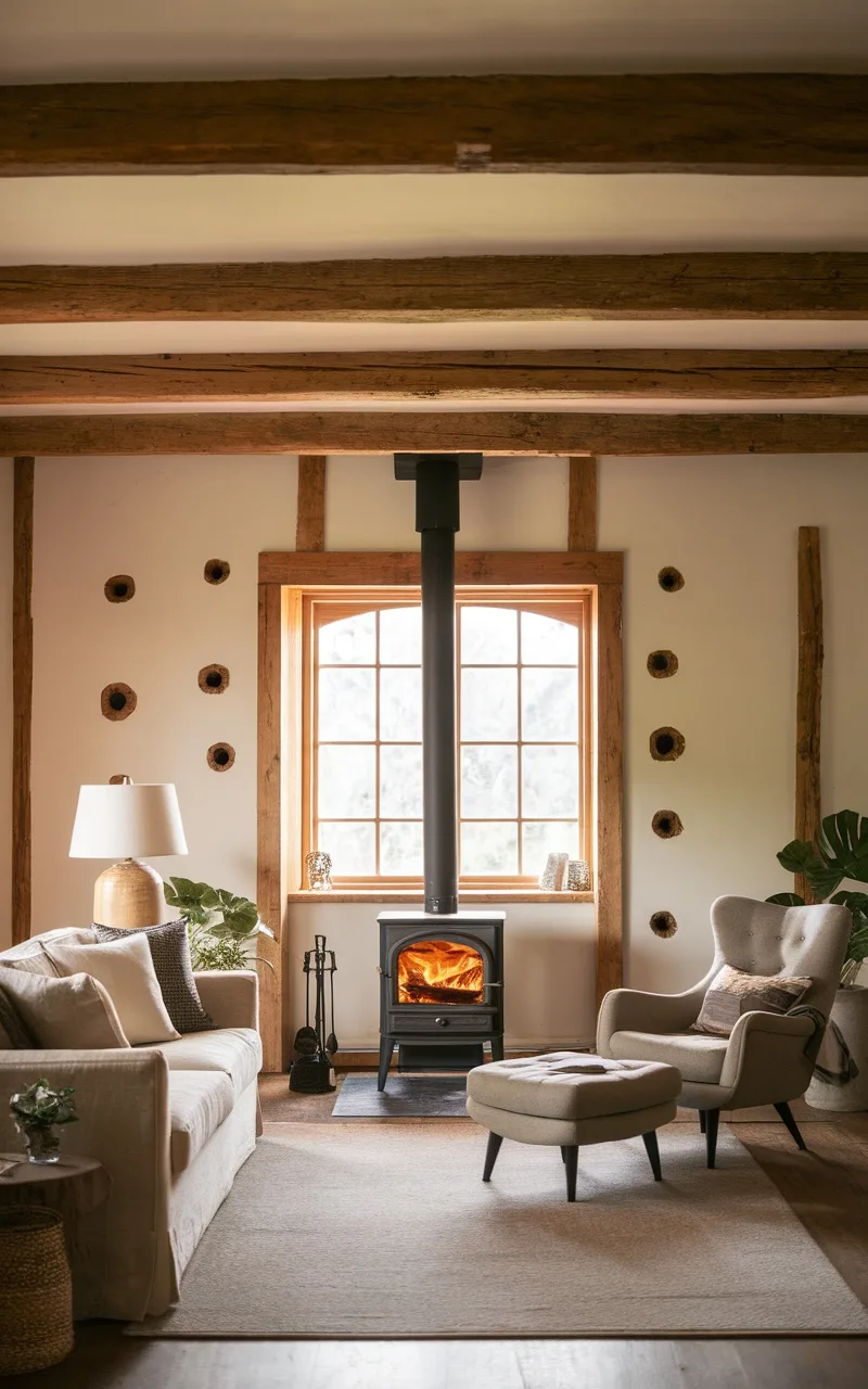 Cozy living room with a wood-burning stove, rustic beams, and stylish furniture